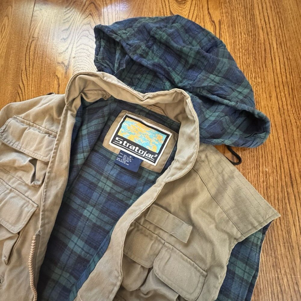 Vintage StratoJac Hooded Flannel Lined Winter Camping Hiking Fishing Vest Sz XL